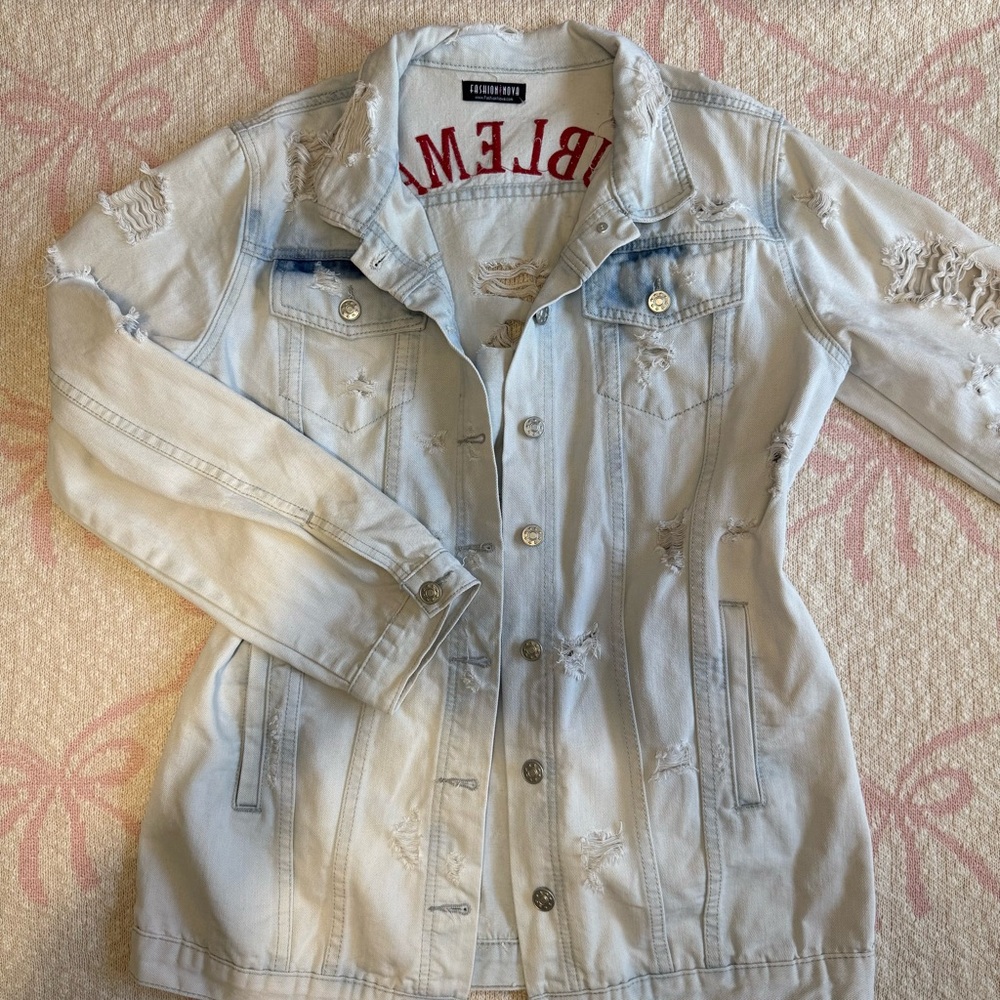 Distressed Denim Jacket w/ Rose Patchwork